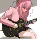  1girl black_skirt blush bocchi_the_rock! covered_nipples electric_guitar full-face_blush gibson_les_paul gotou_hitori guitar heartbeat instrument invisible_chair jacket looking_down music no_bra pink_hair pink_jacket playing_instrument pleated_skirt ricochet-gou sidelocks sitting skirt solo sweatdrop track_jacket wavy_mouth 