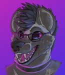  absurd_res african_wild_dog armus_(artist) black_hair canid canine collar ears_up eyewear facial_piercing glasses hair happy hi_res male mammal nose_piercing nose_ring open_mouth piercing pink_eyes ring_piercing smile solo super_bass_(skarrfox) teeth teeth_showing tongue 