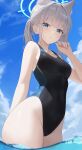  1girl absurdres animal_ear_fluff animal_ears arm_behind_back bangs bare_arms bare_shoulders black_one-piece_swimsuit blue_archive blue_eyes blush breasts cloud competition_swimsuit day extra_ears grey_hair groin halo hand_up highleg highleg_swimsuit highres hiroserii looking_at_viewer medium_breasts medium_hair official_alternate_costume one-piece_swimsuit outdoors parted_lips ponytail shiroko_(blue_archive) shiroko_(swimsuit)_(blue_archive) sidelocks solo swimsuit two-tone_swimsuit wading water 