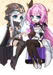  2girls :d absurdres ashe_(league_of_legends) bangs black_cape black_footwear black_gloves black_shorts black_skirt blue_eyes blue_hair boots cape closed_mouth crystal elf elysia_(honkai_impact) elysia_(miss_pink_elf)_(honkai_impact) fingerless_gloves full_body gloves hair_ornament hanyaohui high_heel_boots high_heels highres honkai_(series) honkai_impact_3rd invisible_chair league_of_legends long_hair multiple_girls open_mouth pink_hair pointy_ears power_connection shorts shrug_(clothing) single_glove sitting skirt smile thigh_boots two-tone_background white_background yellow_background 