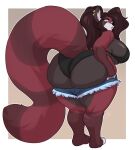 ailurid anthro big_breasts big_butt big_tail bottomwear bra breasts brown_hair butt clothed clothing clothing_too_small cutoffs daisy_dukes denim denim_clothing ear_piercing ear_ring female fluffy fluffy_tail fur hair hi_res hotpants huge_breasts huge_butt kakureta_(skarlett_cynder) lavenderpandy mammal panties partially_clothed piercing rear_view red_body red_fur red_panda ring_piercing short_stack shorts shorts_down solo underwear 