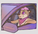  anthro armus_(artist) bandanna car driving hair hi_res kerchief looking_away lutrine male mammal mustelid piercing pink_eyes pink_hair sitting skarrfox smile solo vehicle 