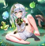  1girl absurdres ass bangs barefoot bloomers commentary_request dress feet folded fungi_(genshin_impact) genshin_impact gradient_hair green_eyes hair_ornament highres long_hair looking_at_viewer multicolored_hair nahida_(genshin_impact) parted_lips pointy_ears side_ponytail sidelocks sitting sky_wbo sleeveless soles symbol-shaped_pupils toes underwear white_dress white_hair 