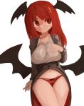  1girl :/ absurdres bat_wings black_coat breasts coat collared_shirt commentary_request cowboy_shot dot_nose dress_shirt dutch_angle hair_between_eyes hand_on_own_chest head_wings highres koakuma large_breasts lenserd long_hair looking_to_the_side low_wings no_pants open_clothes open_coat panties red_eyes red_hair red_panties shirt solo touhou underwear v-shaped_eyebrows white_shirt wings 