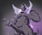  2022 anthro balls biped black_balls black_body black_penis bodily_fluids digital_media_(artwork) erection genital_fluids genitals grey_background hi_res humanoid_genitalia humanoid_penis machine male muscular muscular_anthro muscular_male no_swift penis precum purple_body robot simple_background solo white_body 