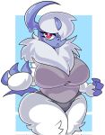  absol anthro big_breasts breasts clothing female frown fur generation_3_pokemon hair hair_over_eye hi_res huge_breasts lewd_dorky looking_at_viewer nintendo one_eye_obstructed panties pokemon pokemon_(species) pupils red_eyes shirt solo thick_thighs topwear underwear video_games white_body white_fur white_hair white_pupils wide_hips 