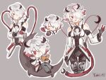  1girl ^_^ animification apex_legends black_bodysuit black_gloves blood_moon_catalyst bodysuit cable catalyst_(apex_legends) chibi closed_eyes colored_tips gloves grey_background grey_hair hair_over_one_eye heart jacket jing_hua_sen_yu multicolored_hair multiple_views official_alternate_costume red_eyes red_hair sitting smile white_jacket 