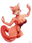 2022 anthro artist_name big_breasts black_nose blue_eyes breasts canid canine cheek_tuft chest_tuft clothing dzukela eyebrows facial_tuft fangs female fox fur hi_res looking_aside mammal multicolored_body multicolored_fur navel nipple_outline one-piece_swimsuit red_body red_fur simple_background solo swimwear tan_body tan_fur tongue tongue_out tuft two_tone_body two_tone_fur white_background 