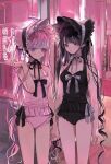  2girls bare_legs black_choker black_hair blush bodysuit bonnet choker frills hat highres holding_hands long_hair looking_at_viewer multiple_girls original pink_hair purple_eyes purple_hair sleeveless standing twintails very_long_hair wata_kinoshi 