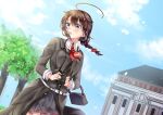  1girl ahoge bag black_skirt blue_eyes braid brown_hair camera casual commentary dutch_angle hair_over_shoulder handbag holding holding_camera kantai_collection looking_to_the_side mashiro_aa necktie official_alternate_costume red_necktie shigure_(kancolle) single_braid skirt solo 
