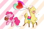  2022 alpaca apple balloon basket bread camelid chest_tuft container cutie_mark digital_media_(artwork) duo earth_pony equid equine female feral food friendship_is_magic fur hair hasbro hooves horse inflatable jumping kittyrosie mammal mouth_hold my_little_pony paprika_paca_(tfh) pink_body pink_hair pink_tail pinkie_pie_(mlp) pony small_tail them&#039;s_fightin&#039;_herds tuft wool_(fur) yellow_body yellow_fur 