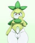  anthro balls blush bodily_fluids bottomless breasts clothed clothing embarrassed erection foreskin generation_5_pokemon genitals gynomorph hi_res hornynym humanoid_genitalia humanoid_penis intersex leaf leaf_hair mouthless nintendo penis petilil plant plant_hair pokemon pokemon_(species) pseudo_clothing pseudo_hair red_eyes simple_background solo sweat sweatdrop thick_thighs video_games white_body wide_hips 