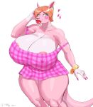  &lt;3 absurd_res animal_crossing anthro areola big_breasts blue_eyes blush blush_stickers bracelet breasts clothing dress ear_piercing ear_ring female gloves_(marking) hair hi_res huge_breasts jewelry kangaroo lipstick macropod makeup mammal marcie_(animal_crossing) markings marsupial nintendo nipple_outline orange_hair piercing pink_areola plankboy ring_piercing smile solo thick_thighs video_games 