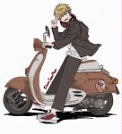  1boy black_jacket black_pants blonde_hair chainsaw_man closed_eyes denji_(chainsaw_man) gakuran ground_vehicle headwear_removed helmet helmet_removed highres jacket looking_at_viewer moped motor_vehicle open_clothes pants pochita_(chainsaw_man) school_uniform sharp_teeth shirt short_hair simple_background smile solo_focus tasuketemama teeth v white_background white_shirt 