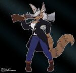  anthro blunderbuss boots canid canine canis clockwork clothing coyote female footwear gun hi_res jacket long_ears mammal mecky_(character) metallic_body outletdraws ranged_weapon robotic solo steampunk topwear victorian weapon 
