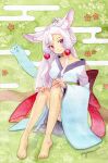  1girl :3 animal_ear_fluff animal_ears bare_legs barefoot blue_kimono blush breasts collarbone eyelashes feet flower gradient_eyes grass green_background hair_ornament hand_on_own_knee head_tilt highres japanese_clothes kimono knees_together_feet_apart knees_up legs light_purple_hair long_hair long_sleeves looking_at_viewer medium_breasts multicolored_eyes obi painting_(medium) pink_eyes red_eyes sash sidelocks signature sitting smile solo toe_scrunch toes topknot touhoku_itako traditional_media uryan! voiceroid watercolor_(medium) wide_sleeves 