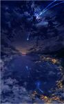  above_clouds c4_art city city_lights cloud horizon mountain night night_sky no_humans ocean original scenery shooting_star sky star_(sky) starry_sky water 