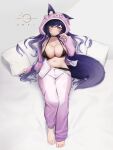  1girl absurdres animal_ears animal_hood barefoot black_bra black_panties bra breasts fox_ears fox_tail full_body green_eyes highres hood large_breasts long_hair looking_at_viewer lying meridian_project mole mole_on_breast on_back oukafafafa panties pillow pink_hood seki_(vtuber) solo tail toes underwear virtual_youtuber 