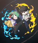  2boys apollo_(pixiv884782) bangs belt black_background black_gloves black_hair black_pants black_shirt blue_fire brown_eyes clenched_hand denim fingerless_gloves fire gloves green_hair hair_over_one_eye high_kick highres jacket jacket_on_shoulders jeans kicking kusanagi_kyou leather leather_jacket looking_at_another male_focus multiple_boys neck necktie open_mouth pants partially_unzipped purple_necktie pyrokinesis red_eyes shirt shun&#039;ei signature sleeves_rolled_up smile the_king_of_fighters the_king_of_fighters_xiv track_jacket wallet_chain white_jacket 
