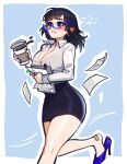  1girl artist_name bandaid bangs blue-framed_eyewear blush blushyspicy breasts cleavage coffee collared_shirt commentary cup frown glasses high_heels highres holding holding_cup large_breasts long_hair long_sleeves office_lady original pencil_skirt pointy_ears running shirt shoes skirt solo sweatdrop white_shirt 
