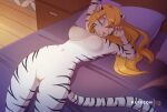  anthro bed bedroom_eyes blonde_hair breasts essien fangs felid female fur furniture genitals hair head_on_pillow inside mammal narrowed_eyes nipples nude on_bed pantherine pillow pussy seductive solo striped_body striped_fur stripes tiger white_body white_fur 