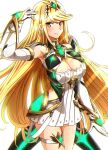  1girl armpits bangs bare_shoulders blonde_hair breasts chest_jewel circlet cleavage cleavage_cutout closed_mouth clothing_cutout dress earrings elbow_gloves gloves glowing highres jewelry large_breasts long_hair looking_at_viewer mythra_(xenoblade) simple_background smile solo swept_bangs to_(tototo_tk) white_background white_dress white_gloves xenoblade_chronicles_(series) xenoblade_chronicles_2 yellow_eyes 