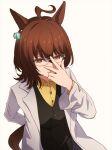  1girl agnes_tachyon_(umamusume) ahoge bespectacled brown_eyes brown_hair chemical_structure commentary earrings empty_eyes glasses hair_between_eyes highres horse_girl horse_tail jewelry kaho_(ramb) labcoat messy_hair short_hair simple_background single_earring solo tail umamusume umayuru white_background 