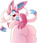  absurd_res anthro blue_sclera bow_ribbon breast_squish breasts butt butt_grab clothing cute_expression eeveelution eyelashes fangs female generation_6_pokemon genitals hand_on_breast hand_on_butt hi_res legwear lhacedor looking_at_viewer multicolored_body nintendo nipples pink_nipples pokemon pokemon_(species) pussy raised_tail rear_view ribbons solo squish sylveon thigh_highs video_games white_eyes 