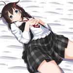  1girl ahoge bed black_hair black_skirt blue_eyes braid collared_shirt dd_(ijigendd) dress_shirt hair_flaps hair_ornament hair_over_shoulder highres kantai_collection looking_at_viewer lying necktie official_alternate_costume own_hands_clasped own_hands_together plaid plaid_skirt pleated_skirt red_necktie shigure_(kancolle) shigure_kai_ni_(kancolle) shirt single_braid skirt solo white_shirt 