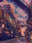  black_cat bridge building c4_art cat cliff clock cloud commentary ground_vehicle highres no_humans original outdoors plant potted_plant roman_numeral scenery sky smoke steam steampunk sunset train train_station_platform tree 