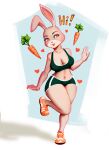 &lt;3 2022 anthro artist_name big_breasts bottomwear bra breasts carrot cleavage clothed clothing dialogue dzukela english_text eyebrows eyelashes female food footwear fur hi_res lagomorph leporid looking_at_viewer mammal midriff navel pink_body pink_fur plant rabbit shoes shorts smile sneakers solo sports_bra text underwear vegetable wide_hips 