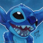  1:1 2022 alien black_eyes blue_background blue_body blue_fur blue_nose bust_portrait chest_tuft coolsamsc disney experiment_(lilo_and_stitch) fur head_tuft lilo_and_stitch open_mouth open_smile outline portrait simple_background smile solo stitch_(lilo_and_stitch) traditional_media_(artwork) tuft watermark 