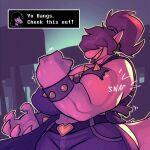  1:1 2022 anthro big_breasts bigdad breasts deltarune dialogue dinosaur english_text female hair huge_breasts muscular muscular_anthro muscular_female nipple_outline ponytail purple_body purple_hair reptile scalie smile solo susie_(deltarune) text text_box undertale_(series) video_games 