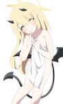  1girl black_horns black_tail black_wings blonde_hair blue_archive blush covering demon_horns demon_tail demon_wings feet_out_of_frame hair_between_eyes halo highres holding holding_towel horns ibuki_(blue_archive) long_hair looking_at_viewer low_wings nude_cover petite pointy_ears simple_background solo tail towel utyuueituu white_background wings yellow_eyes 