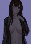  1girl areola_slip bangs black_choker breasts choker cleavage collarbone commentary_request dsr-50_(girls&#039;_frontline) girls&#039;_frontline hand_up highres jewelry large_breasts long_hair long_sleeves navel open_clothes parted_lips purple_background red_eyes ring selcky simple_background smile 