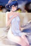  1girl alternate_hairstyle ameno_(a_meno0) blue_eyes blue_hair blush closed_mouth collarbone commentary_request covering covering_breasts covering_stomach fire_emblem fire_emblem_awakening hair_bun holding holding_towel jewelry lips long_hair looking_at_viewer lucina_(fire_emblem) night nude_cover onsen pink_lips single_hair_bun sitting smile solo steam tiara towel wet white_towel 