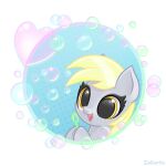  2021 blonde_hair bubble bubble_wand derp_eyes derpy_hooves_(mlp) digital_media_(artwork) equid equine eyelashes female feral friendship_is_magic grey_body hair happy hasbro hi_res holding_object horse mammal my_little_pony pony portrait simple_background smile white_background yellow_eyes zailartx 