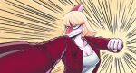  action_pose anthro blonde_hair blue_eyes breasts cleavage clothed clothing deadassspider dinosaur female fist glaring glaring_at_viewer hadrosaurid hair hi_res i_wani_hug_that_gator jacket looking_at_viewer mia_(iwhtg) motion_lines multicolored_body open_clothing open_jacket open_topwear ornithischian parasaurolophus perspective pink_body pose red_clothing red_jacket red_topwear reptile scalie shirt snarling solo topwear two_tone_body 