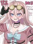  1girl absurdres antenna_hair bangs barbed_wire black_choker blonde_hair blue_eyes bow bowtie breasts character_name choker cleavage collarbone danganronpa_(series) danganronpa_v3:_killing_harmony dated fang fingerless_gloves gloves goggles goggles_on_head hair_between_eyes happy_birthday highres iruma_miu large_breasts long_hair long_sleeves looking_at_viewer o-ring open_mouth pink_shirt sailor_collar school_uniform serafuku shirt smile teeth upper_teeth white_sailor_collar xi_li_ye_wei 