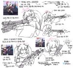  1girl :3 animal_ears bangs blue_archive firing flukhan game_screenshot gun hair_between_eyes hair_ornament hair_ribbon halo highres holding holding_gun holding_weapon korean_text long_hair michiru_(blue_archive) multiple_views reference_inset ribbon scarf simple_background translation_request twintails twitter_username weapon white_background 
