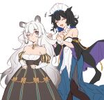  +++ 2girls :d ^_^ absurdres animal_ear_fluff animal_ears arknights bangs bare_shoulders black_dress black_hair black_pantyhose blue_dress blue_hair blush closed_eyes closed_mouth collarbone commentary_request dress grey_eyes grey_hair hair_between_eyes highres holding holding_hair jiaotang_dou_bing kjera_(arknights) kjera_(ingenious_servant)_(arknights) layered_sleeves long_hair long_sleeves multicolored_hair multiple_girls one_eye_closed pantyhose pramanix_(arknights) puffy_short_sleeves puffy_sleeves short_over_long_sleeves short_sleeves simple_background smile two-tone_hair very_long_hair white_background wide_sleeves 