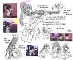  1girl aiming bangs blue_archive breasts closed_mouth coat crop_top firing flukhan game_screenshot gun halo high_ponytail highres holding holding_gun holding_weapon korean_text long_hair multiple_views open_clothes open_coat pants ponytail reference_inset reloading simple_background sumire_(blue_archive) translation_request twitter_username weapon white_background 