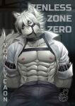  anthro bare_chest bayoukun black_bottomwear black_clothing black_pants bottomwear butler canid canine canis clothing fur harness hi_res male mammal mihoyo muscular muscular_anthro muscular_male name_in_background pants red_eyes sitting title video_games von_lycaon watermark white_body white_fur wolf zenless_zone_zero 