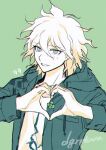  1boy bangs boleum_(dgrpluna) danganronpa_(series) danganronpa_2:_goodbye_despair grey_eyes hair_between_eyes heart heart_hands highres hood hood_down hooded_jacket jacket komaeda_nagito male_focus medium_hair messy_hair open_clothes open_jacket print_shirt shirt simple_background smile solo teeth upper_body watermark 