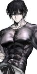  1boy abs black_hair black_shirt collarbone commentary_request forehead fushiguro_touji grey_eyes highres ichini_(aaaraaaaaaaaa) jujutsu_kaisen large_pectorals looking_away male_focus pectoral_cleavage pectorals scar scar_on_face scar_on_mouth shirt short_hair simple_background skin_tight taut_clothes taut_shirt upper_body v-shaped_eyebrows white_background 