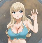  1girl blonde_hair blue_eyes blush breasts cleavage earrings eden&#039;s_zero gaston18 glass highres jewelry large_breasts long_hair looking_up rebecca_bluegarden solo torn_clothes upper_body 