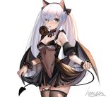  1girl animal_ears artist_name azur_lane bangs black_choker black_dress black_tail black_thighhighs black_wings blue_eyes blush bodystocking bow breasts cat_ears choker clothes_lift covered_navel dress dress_lift fake_animal_ears feet_out_of_frame hair_bow halloween_costume heatia highres janus_(azur_lane) janus_(fright-night_scaredy-cat)_(azur_lane) long_hair looking_at_viewer medium_breasts official_alternate_costume open_mouth solo standing thighhighs torn_thighhighs twintails white_background white_hair wings 