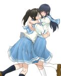  2girls :d black_hair blue_eyes blue_hair blue_sailor_collar blue_skirt blue_socks blush brown_footwear chiezou closed_eyes clothes_lift from_side hibike!_euphonium hug kasaki_nozomi kitauji_high_school_uniform kneehighs loafers long_hair multiple_girls mutual_hug pleated_skirt ponytail sailor_collar school_uniform serafuku shirt shirt_lift shoes short_sleeves simple_background single_horizontal_stripe skirt smile socks white_background white_shirt white_socks yoroizuka_mizore yuri 