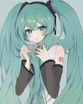  1girl absurdres aqua_eyes aqua_hair aqua_nails aqua_ribbon black_sleeves blue_background commentary_request detached_sleeves double-parted_bangs dress hair_ornament hatsune_miku hatsune_miku_(nt) highres holding_own_hair long_hair looking_at_viewer mfy_a neck_ribbon number_tattoo open_mouth ribbon see-through_clothes see-through_sleeves shoulder_tattoo simple_background sleeveless sleeveless_dress solo tattoo twintails upper_body vocaloid 
