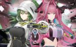  aiming aiming_at_viewer arknights arknights:_endfield black_bodysuit black_horns blue_eyes bodysuit breasts commentary_request covered_navel crop_top diamond_in_eye dragon_girl dragon_horns endfield_industries_logo fingerless_gloves fluorite_(arknights) gloves green_eyes green_hair green_tail gun hair_between_eyes hair_intakes hair_on_horn hair_through_hood handgun highres holding holding_gun holding_weapon hood hood_up hooded_shrug horns impossible_bodysuit impossible_clothes large_breasts long_hair looking_at_viewer multicolored_horns navel pink_hair pink_horns pink_sleeves pink_tube_top pointy_ears ponytail shrug_(clothing) snake_girl snake_tail strapless tail tk31 tube_top two-tone_horns weapon white_shrug yvonne_(arknights) 